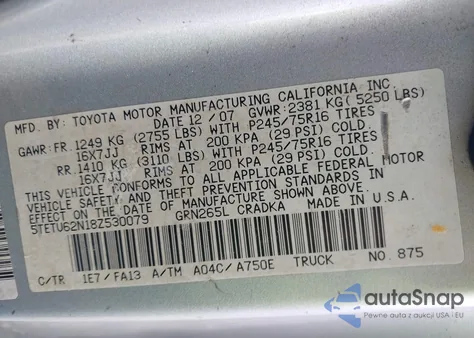2008 Toyota Tacoma Prerunner V6 z USA, uszkodzony, nr VIN 5TETU62N18Z530079